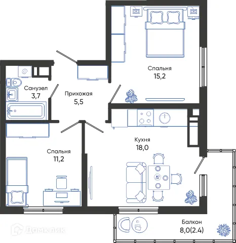 Планировка 2-комнатной квартиры 56 м² в ЖК ОБЛАКА, г. Новороссийск — фото 1