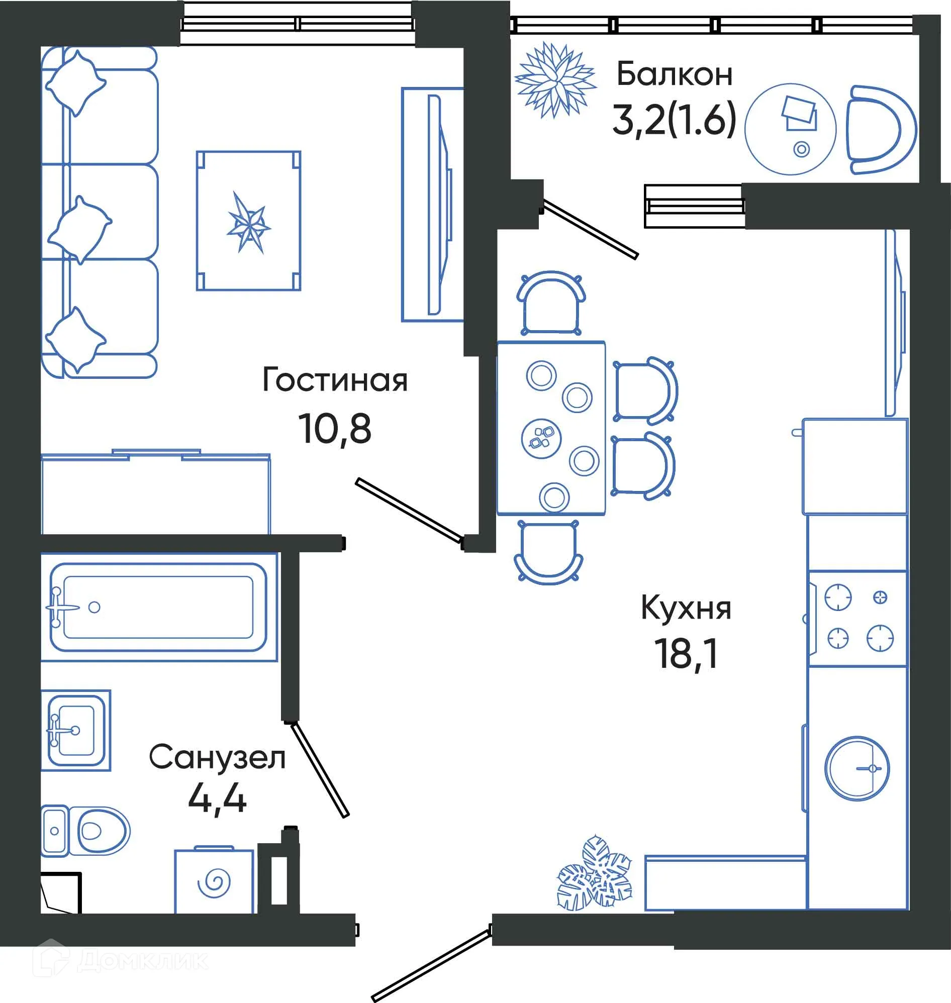 Планировка 1-комнатной квартиры 34.9 м² в ЖК ОБЛАКА, г. Новороссийск — фото 1