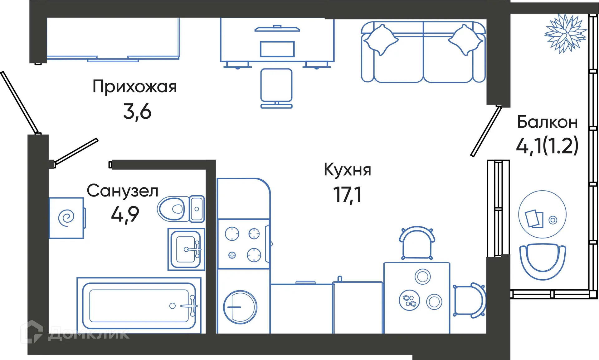 Планировка студии квартиры 26.8 м² в ЖК ОБЛАКА, г. Новороссийск — фото 1