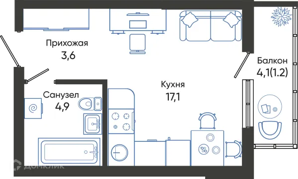 Планировка Студия в ЖК ОБЛАКА