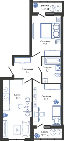 Планировка 2-комнатной квартиры 60.5 м² в ЖК ОБЛАКА, г. Новороссийск — фото 1