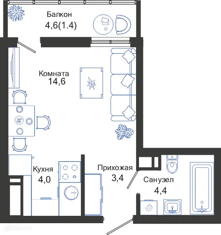 Планировка студии квартиры 27.8 м² в ЖК ОБЛАКА, г. Новороссийск — фото 1