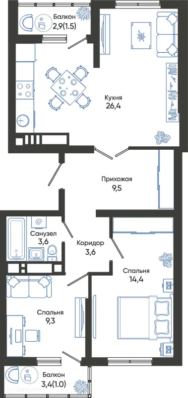 Планировка 2 комн. в ЖК ОБЛАКА