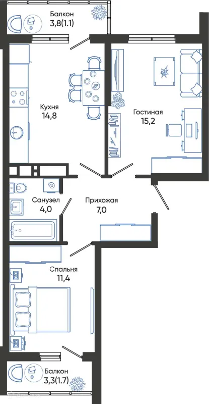 Планировка 2 комн. в ЖК ОБЛАКА