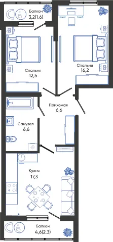 Планировка 2-комнатной квартиры 63.1 м² в ЖК ОБЛАКА, г. Новороссийск — фото 1