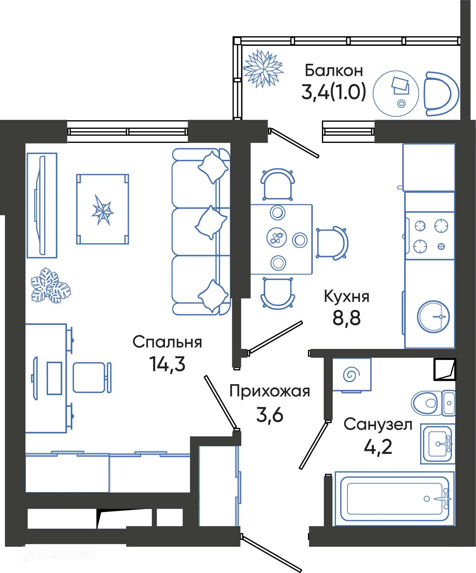 Планировка 1-комнатной квартиры 31.9 м² в ЖК ОБЛАКА, г. Новороссийск — фото 1