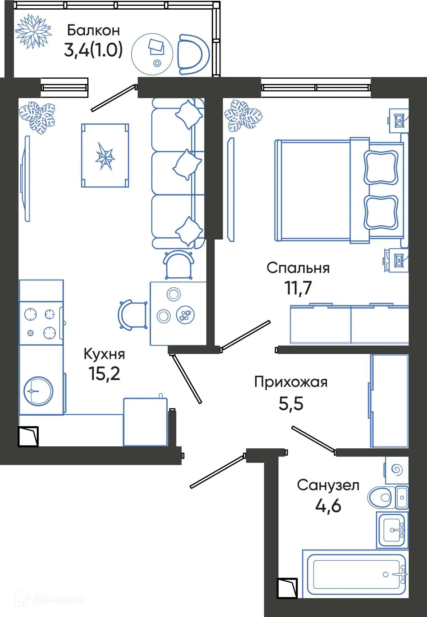 Планировка 1-комнатной квартиры 38 м² в ЖК ОБЛАКА, г. Новороссийск — фото 1