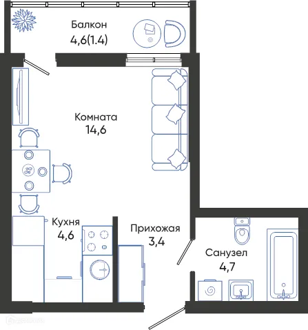 Планировка студии квартиры 28.7 м² в ЖК ОБЛАКА, г. Новороссийск — фото 1