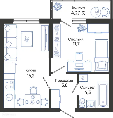 Планировка 1 комн. в ЖК ОБЛАКА