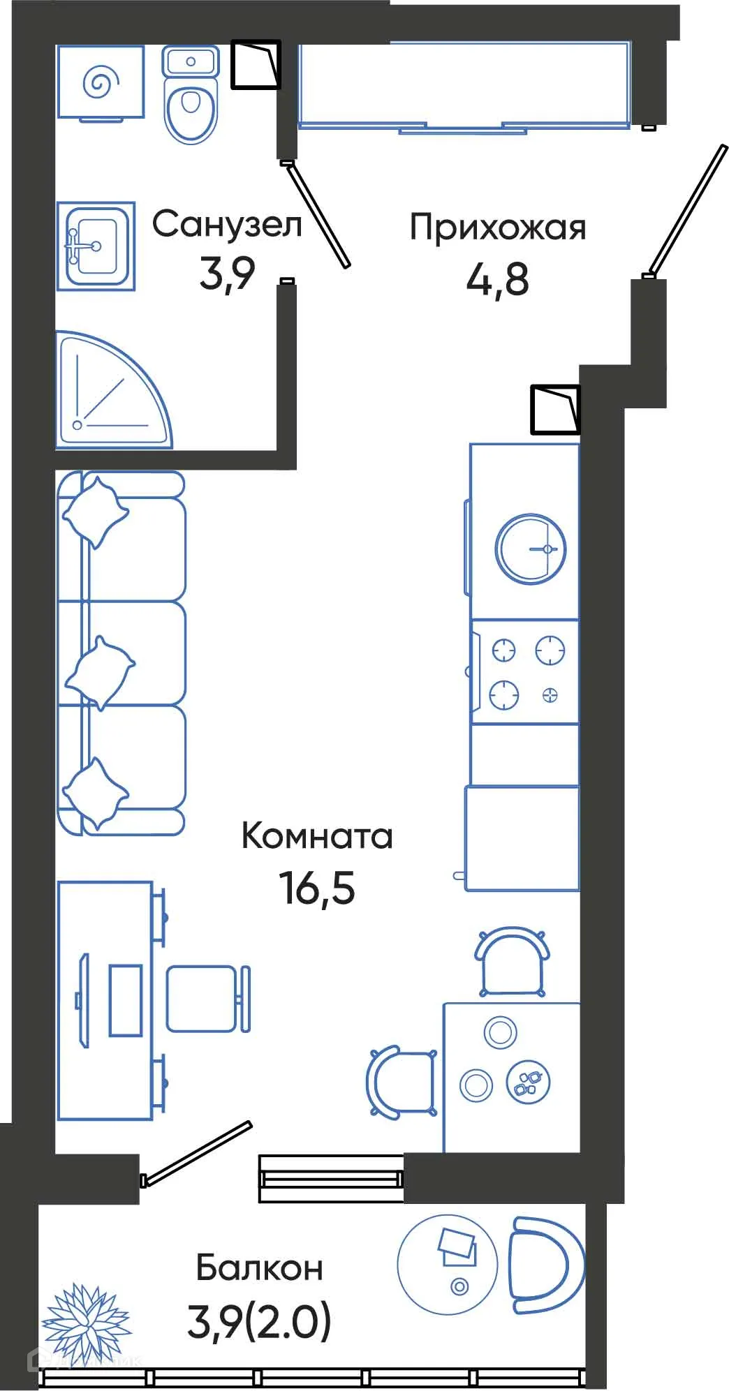 Планировка студии квартиры 27.2 м² в ЖК ОБЛАКА, г. Новороссийск — фото 1