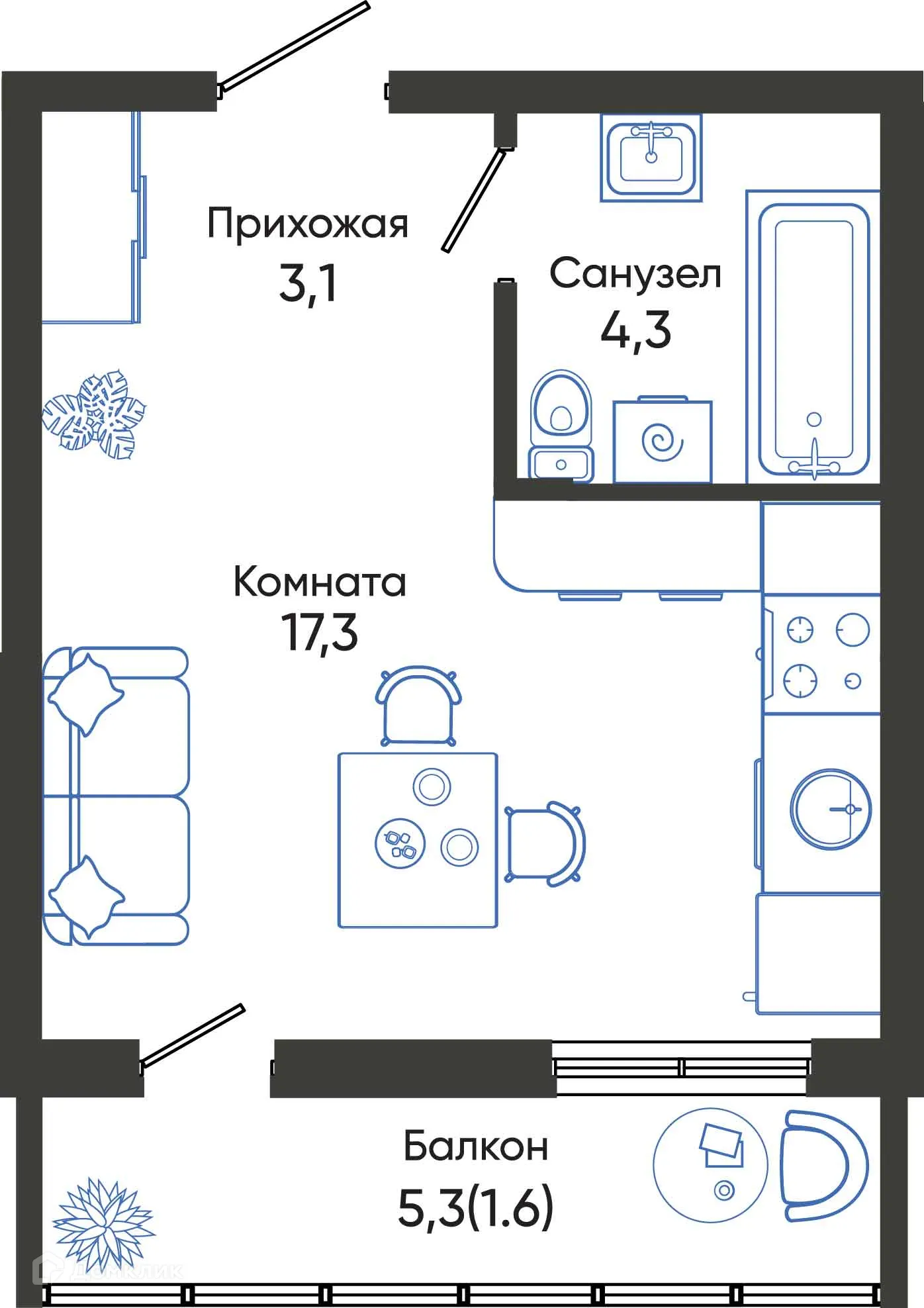 Планировка студии квартиры 26.3 м² в ЖК ОБЛАКА, г. Новороссийск — фото 1