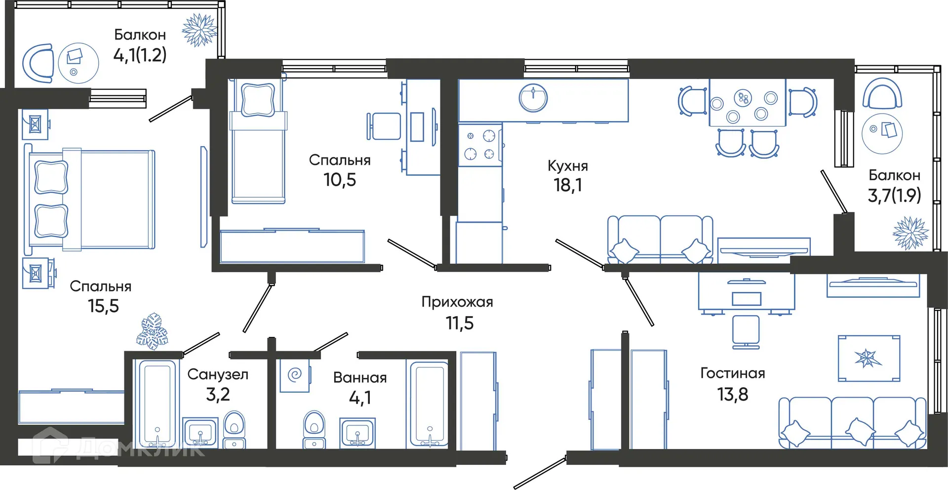 Планировка 3-комнатной квартиры 79.8 м² в ЖК ОБЛАКА, г. Новороссийск — фото 1