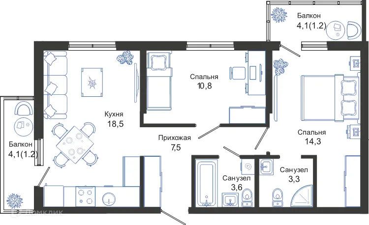 Планировка 2-комнатной квартиры 60.4 м² в ЖК ОБЛАКА, г. Новороссийск — фото 1