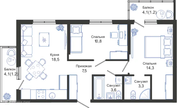 Планировка 2 комн. в ЖК ОБЛАКА
