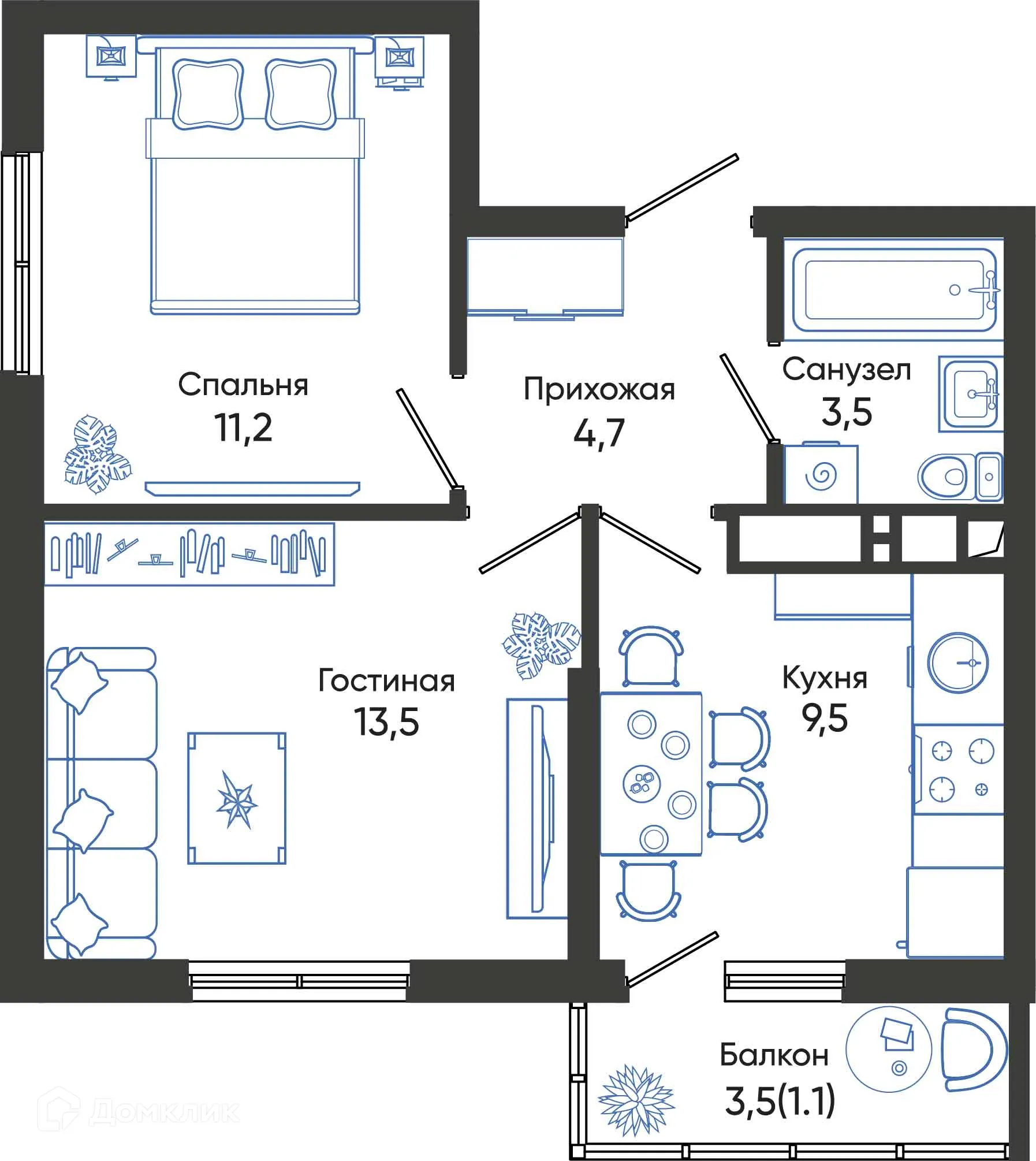Планировка 2-комнатной квартиры 43.5 м² в ЖК ОБЛАКА, г. Новороссийск — фото 1
