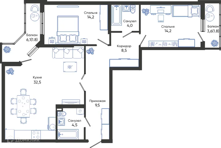 Планировка 2-комнатной квартиры 91 м² в ЖК ОБЛАКА, г. Новороссийск — фото 1