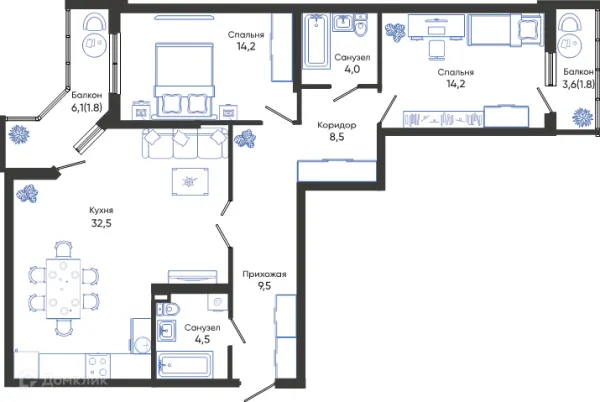 Планировка 2 комн. в ЖК ОБЛАКА