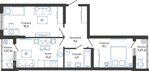 Планировка 2 комн. в ЖК ОБЛАКА
