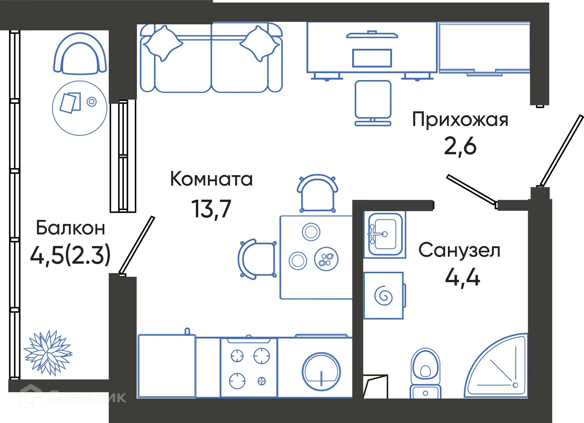 Планировка студии квартиры 23 м² в ЖК ОБЛАКА, г. Новороссийск — фото 1