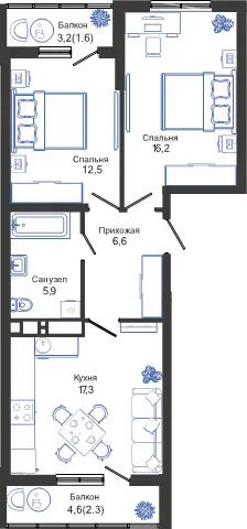Планировка 2-комнатной квартиры 62.4 м² в ЖК ОБЛАКА, г. Новороссийск — фото 1