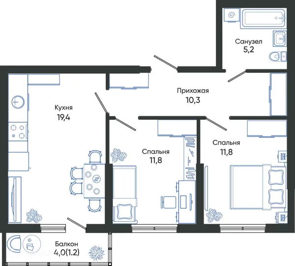 Планировка 2 комн. в ЖК ОБЛАКА