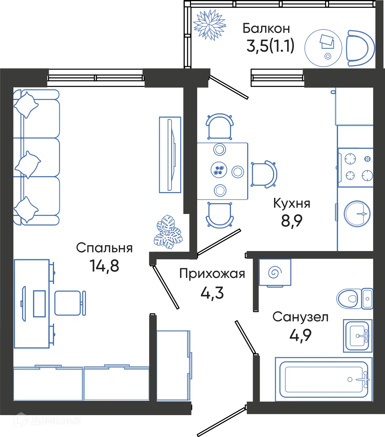 Планировка 1-комнатной квартиры 34 м² в ЖК ОБЛАКА, г. Новороссийск — фото 1