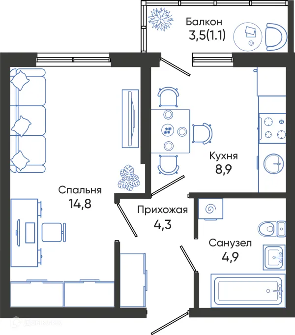 Планировка 1 комн. в ЖК ОБЛАКА