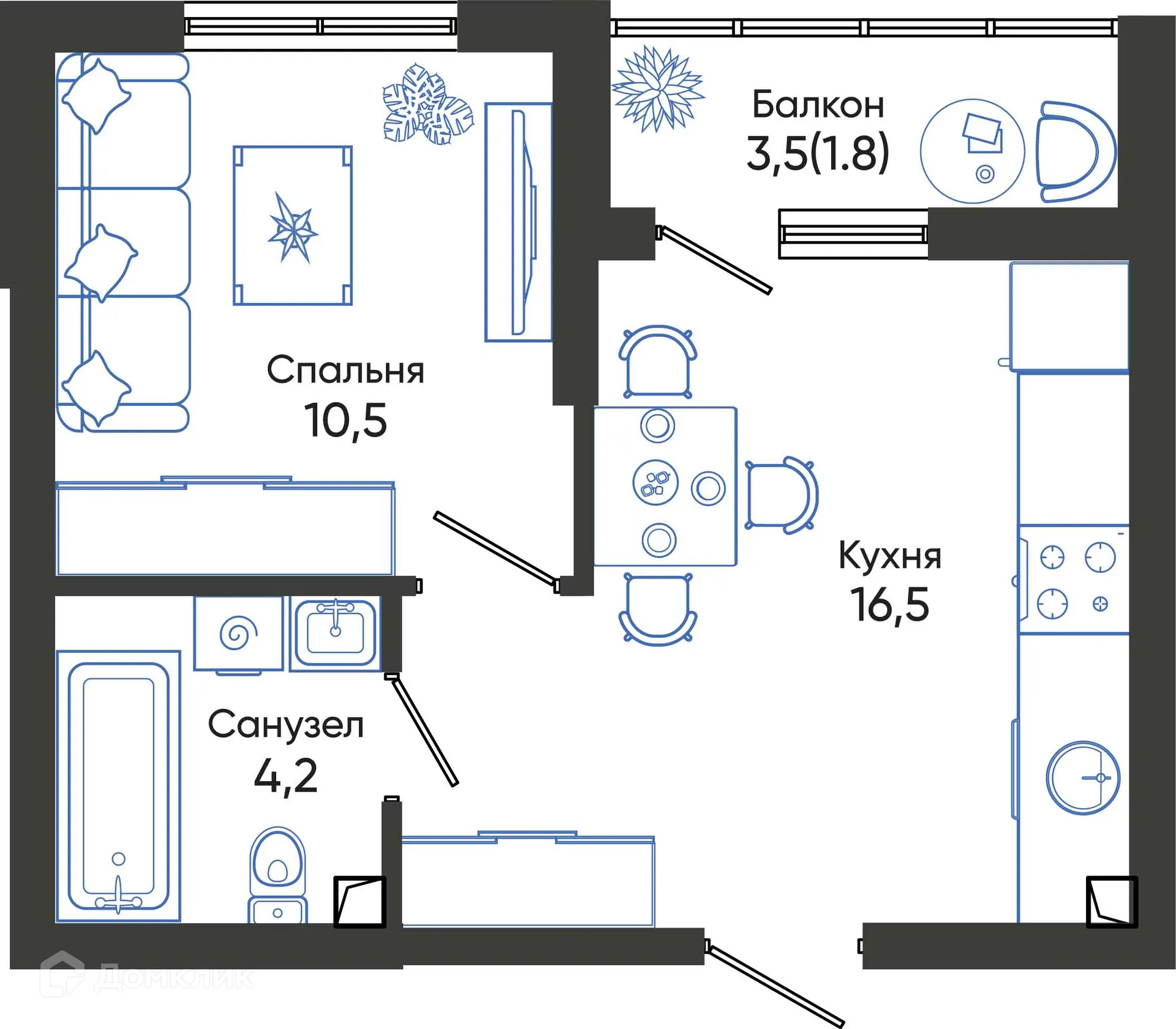 Планировка 1-комнатной квартиры 33 м² в ЖК ОБЛАКА, г. Новороссийск — фото 1