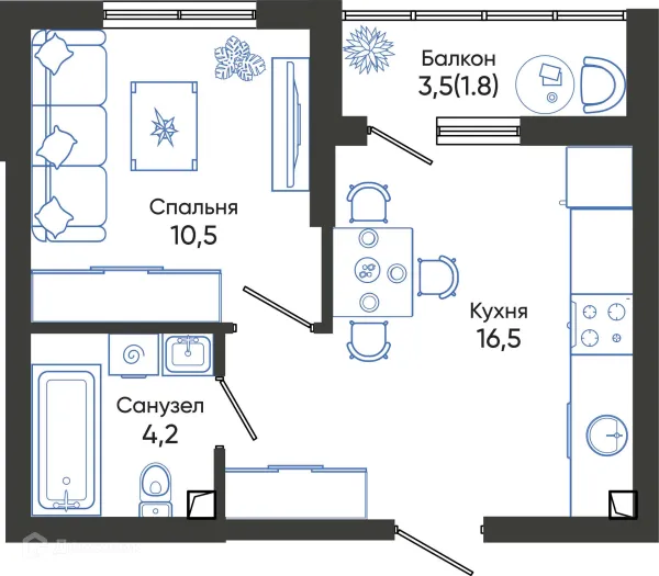 Планировка 1 комн. в ЖК ОБЛАКА