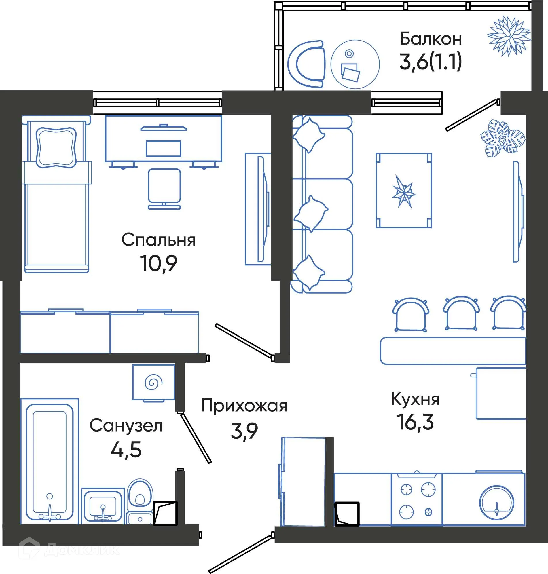 Планировка 1-комнатной квартиры 36.7 м² в ЖК ОБЛАКА, г. Новороссийск — фото 1