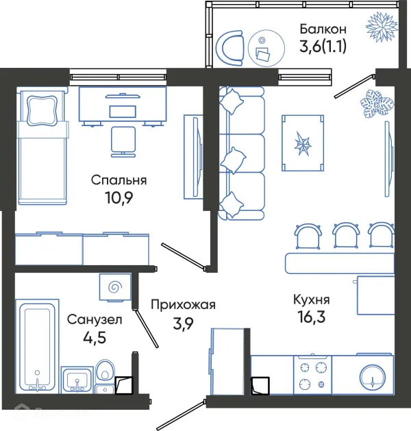 Планировка 1 комн. в ЖК ОБЛАКА