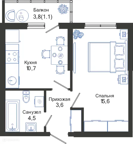 Планировка 1-комнатной квартиры 35.5 м² в ЖК ОБЛАКА, г. Новороссийск — фото 1