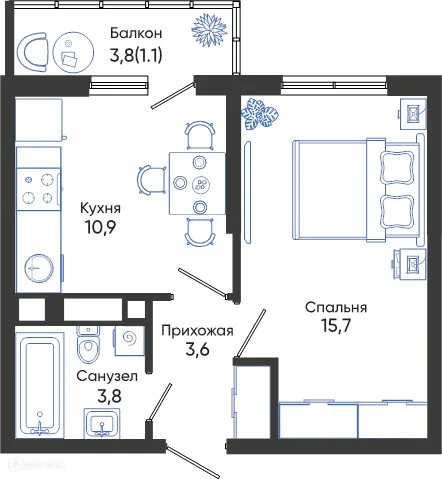 Планировка 1-комнатной квартиры 35.1 м² в ЖК ОБЛАКА, г. Новороссийск — фото 1