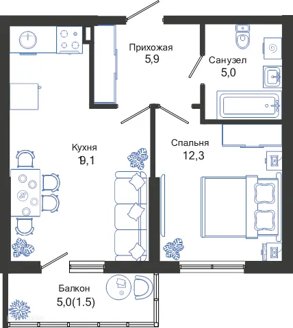 Планировка 1-комнатной квартиры 43.8 м² в ЖК ОБЛАКА, г. Новороссийск — фото 1