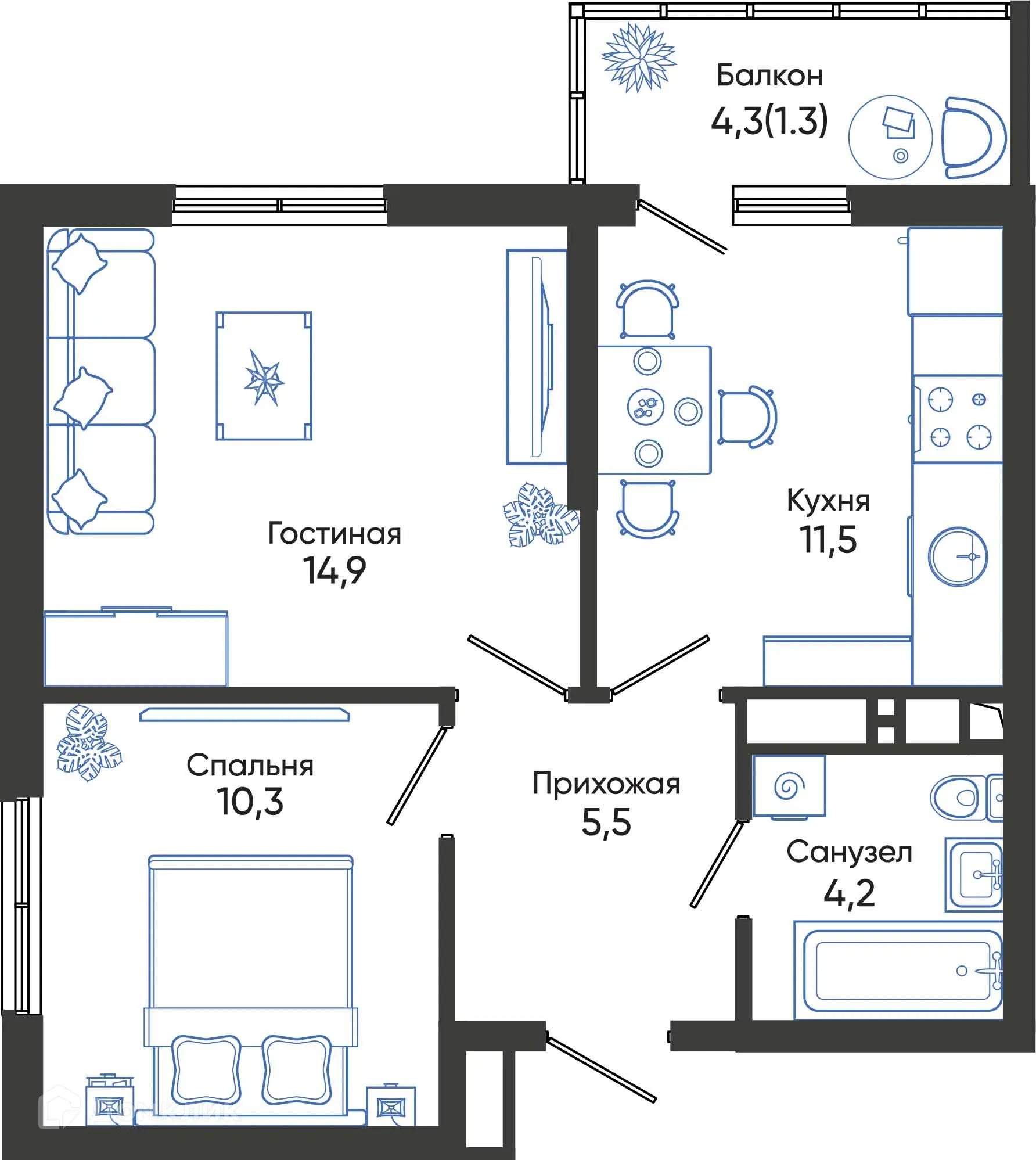 Планировка 2-комнатной квартиры 47.7 м² в ЖК ОБЛАКА, г. Новороссийск — фото 1