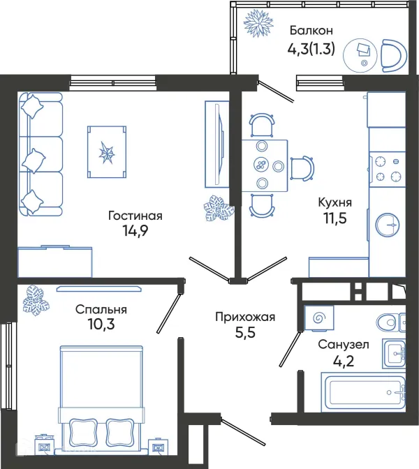 Планировка 2 комн. в ЖК ОБЛАКА