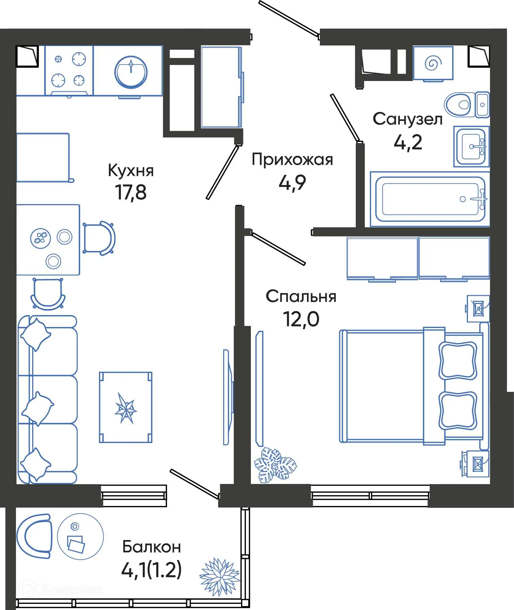 Планировка 1-комнатной квартиры 40.1 м² в ЖК ОБЛАКА, г. Новороссийск — фото 1