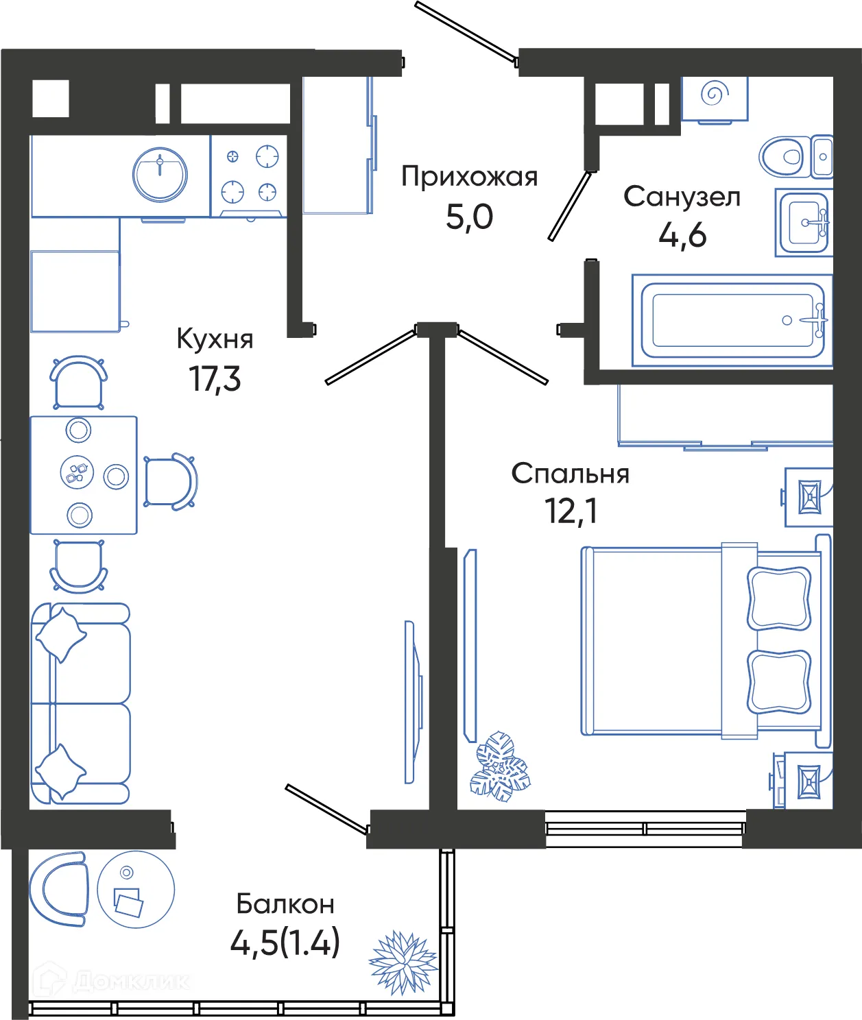 Планировка 1-комнатной квартиры 40.4 м² в ЖК ОБЛАКА, г. Новороссийск — фото 1