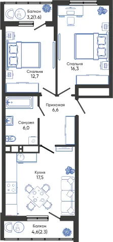 Планировка 2-комнатной квартиры 63 м² в ЖК ОБЛАКА, г. Новороссийск — фото 1