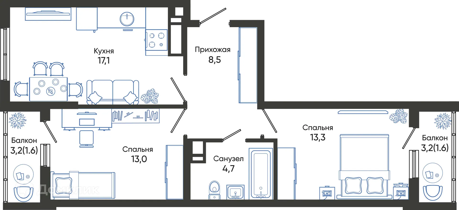 Планировка 2-комнатной квартиры 59.8 м² в ЖК ОБЛАКА, г. Новороссийск — фото 1