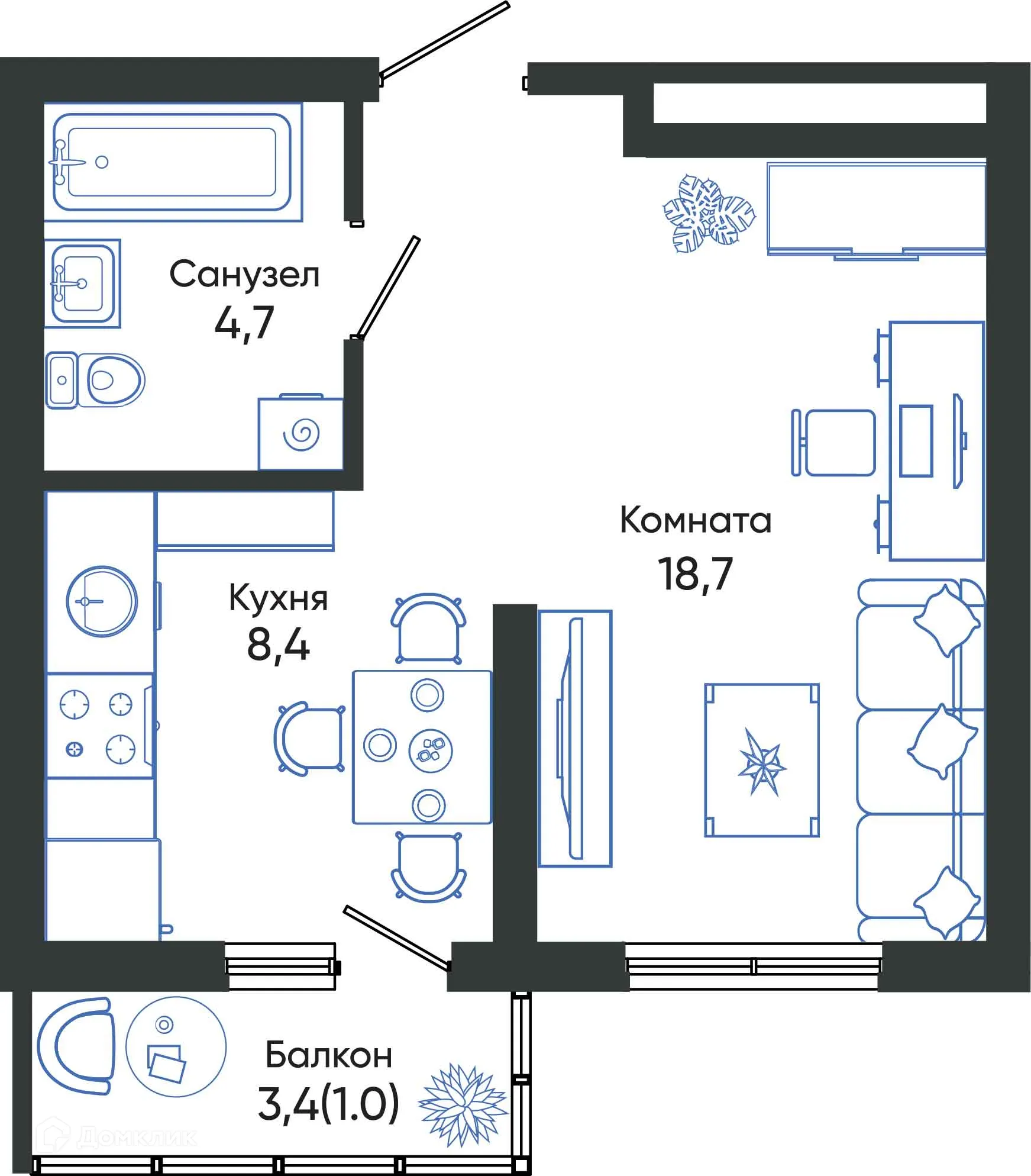 Планировка студии квартиры 32.8 м² в ЖК ОБЛАКА, г. Новороссийск — фото 1