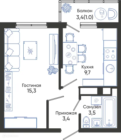 Планировка 1-комнатной квартиры 32.9 м² в ЖК ОБЛАКА, г. Новороссийск — фото 1