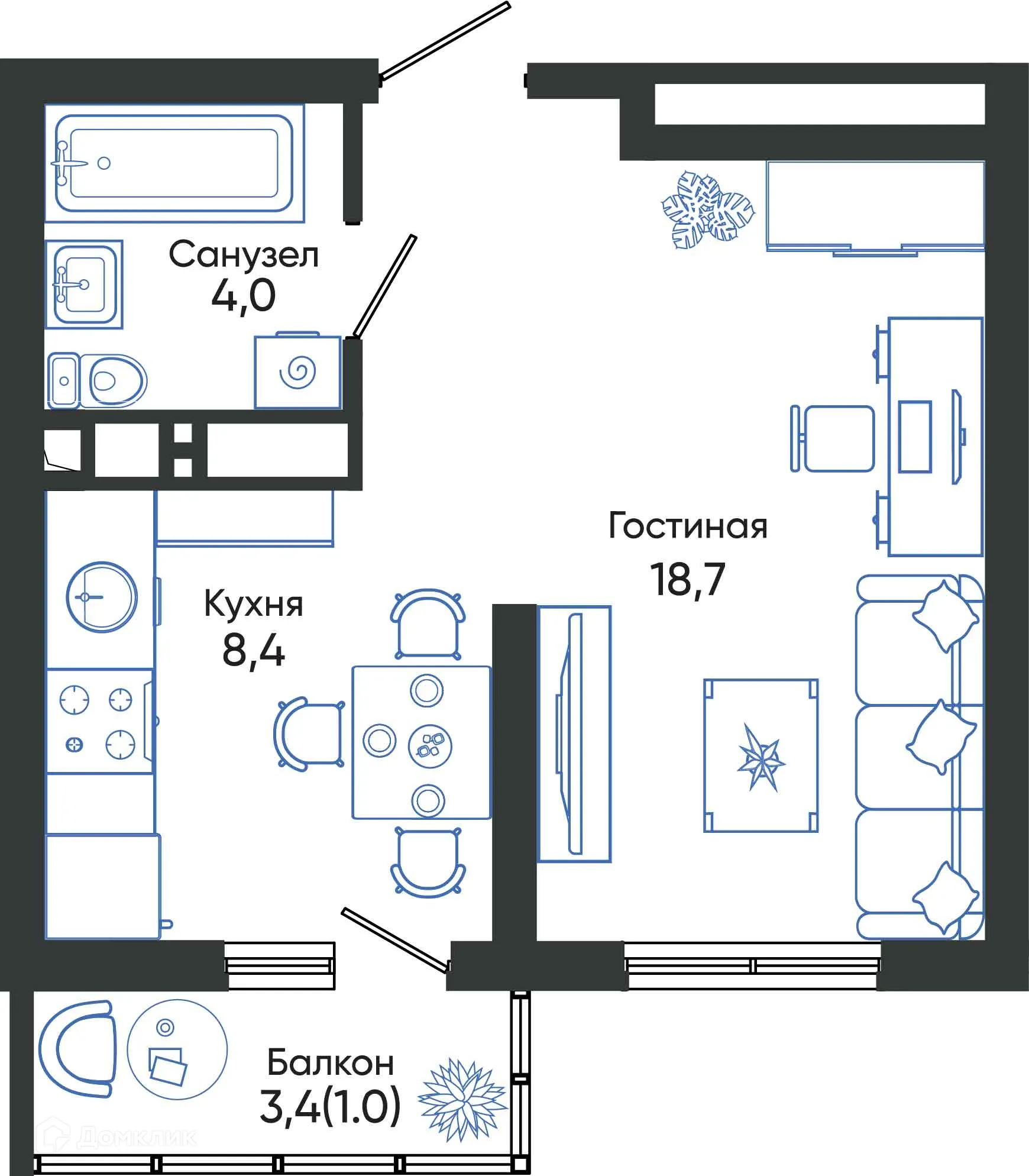 Планировка студии квартиры 32.1 м² в ЖК ОБЛАКА, г. Новороссийск — фото 1