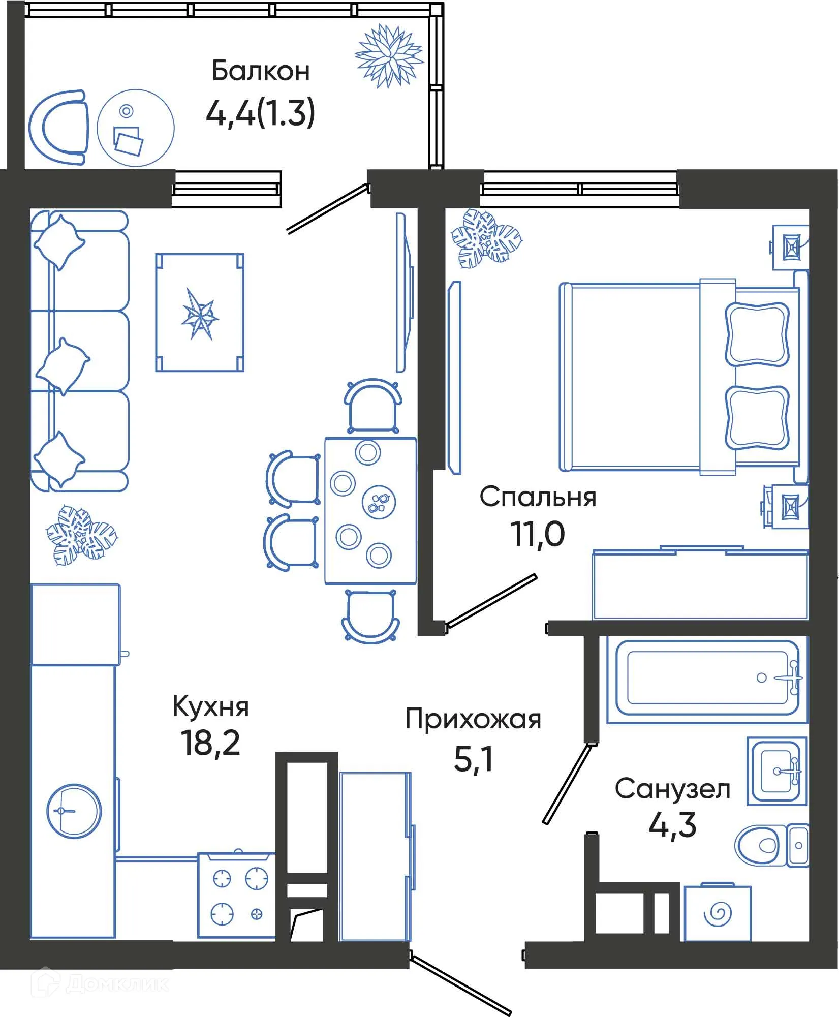 Планировка 1-комнатной квартиры 39.9 м² в ЖК ОБЛАКА, г. Новороссийск — фото 1