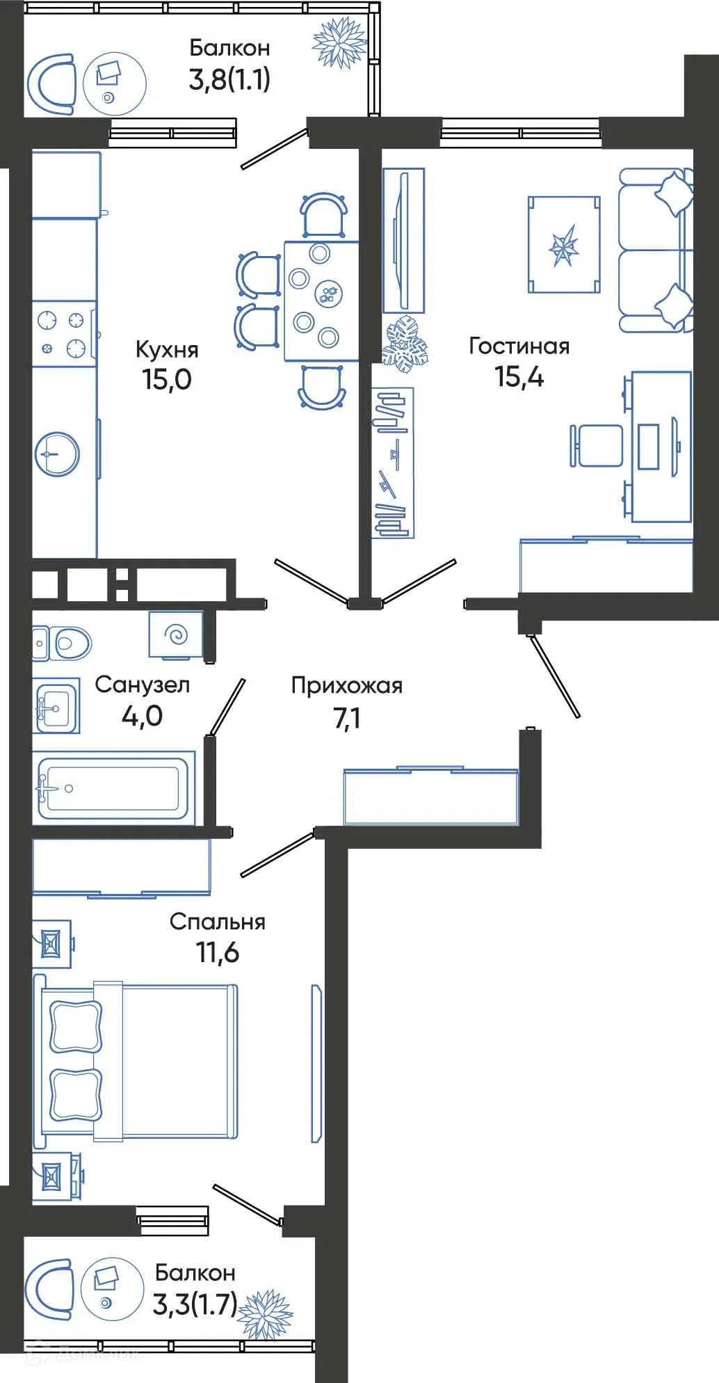 Планировка 2-комнатной квартиры 55.9 м² в ЖК ОБЛАКА, г. Новороссийск — фото 1