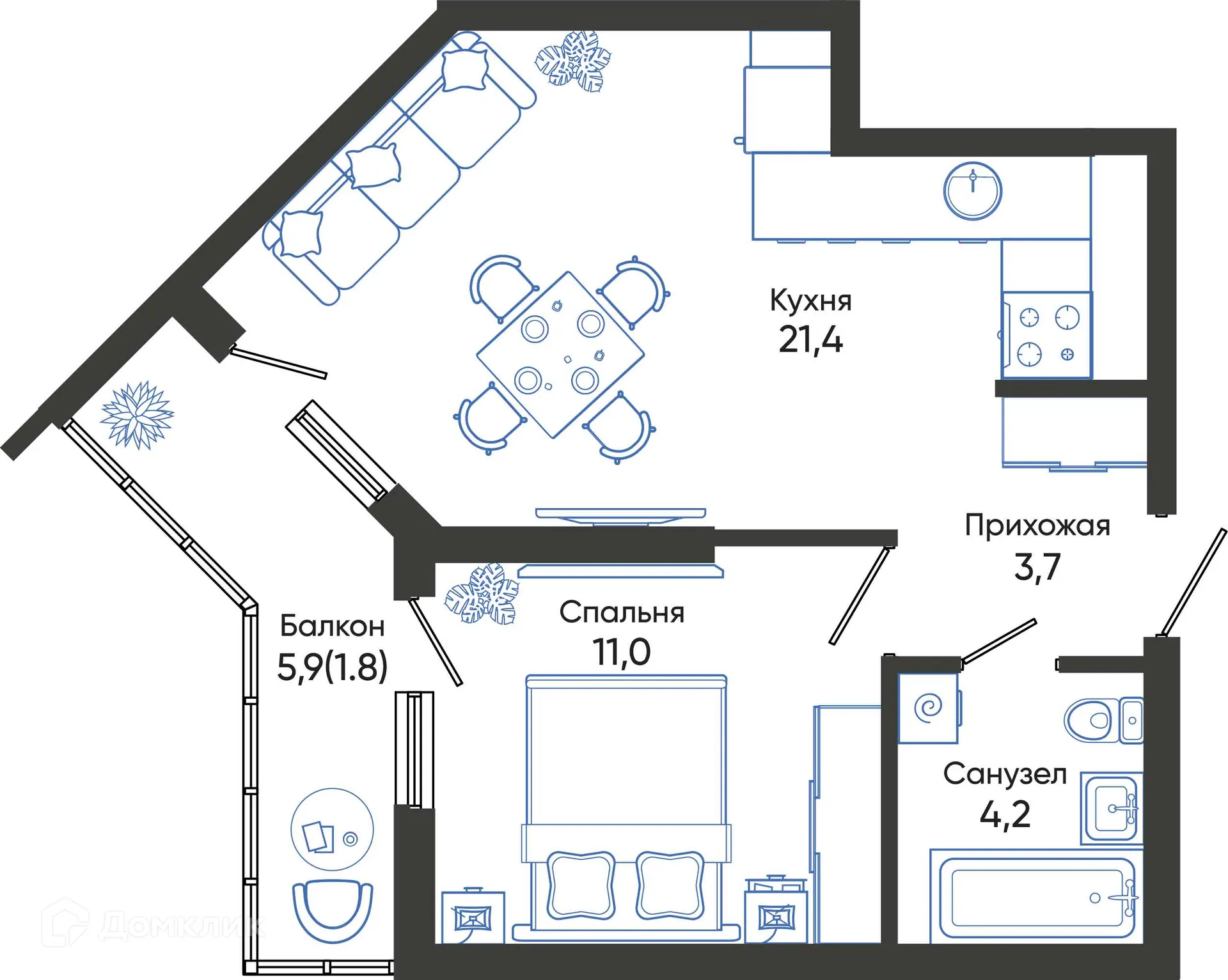 Планировка 1-комнатной квартиры 42.1 м² в ЖК ОБЛАКА, г. Новороссийск — фото 1