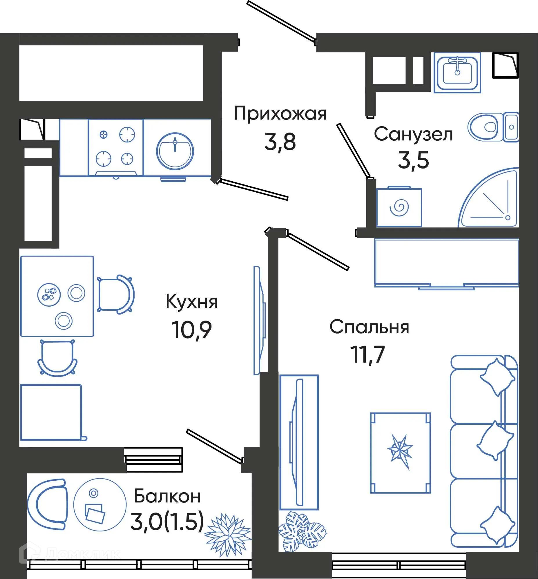 Планировка 1-комнатной квартиры 31.4 м² в ЖК ОБЛАКА, г. Новороссийск — фото 1