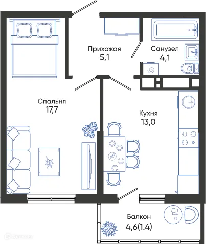 Планировка 1-комнатной квартиры 41.3 м² в ЖК ОБЛАКА, г. Новороссийск — фото 1