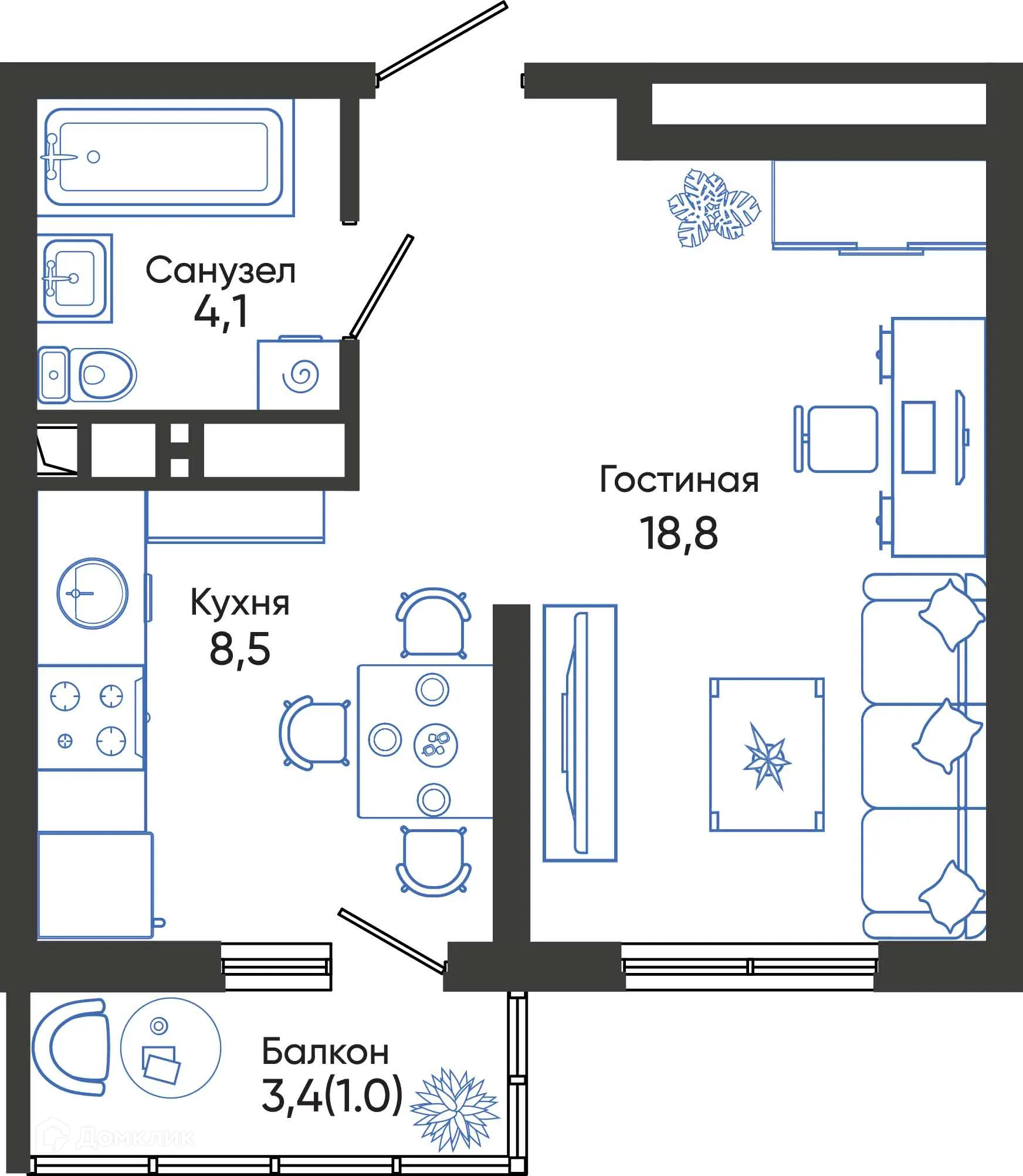 Планировка студии квартиры 32.4 м² в ЖК ОБЛАКА, г. Новороссийск — фото 1