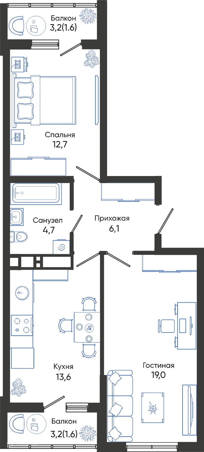 Планировка 2-комнатной квартиры 59.3 м² в ЖК ОБЛАКА, г. Новороссийск — фото 1